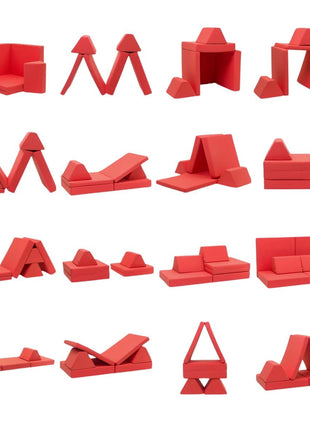 Monboxy Montessori speelbank in koraaltint opgebouwd in verschillende speelse vormen met driehoekskussens.