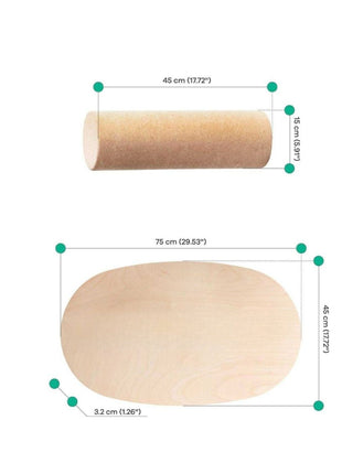 Rond Leg&Go balansbord met kurkroller afgebeeld met afmetingen en dikte