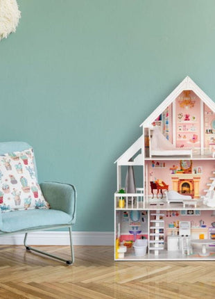 Liselle houten poppenhuis van Gerardo’s Toys in kinderkamer met speelmeubels en muurdecoratie.