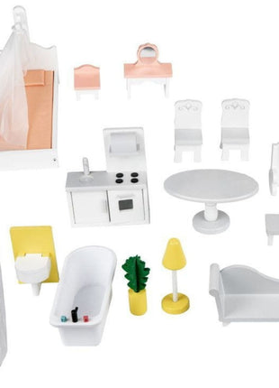 Liselle houten poppenhuis van Gerardo’s Toys met losse set van 15 houten meubelstukken.
