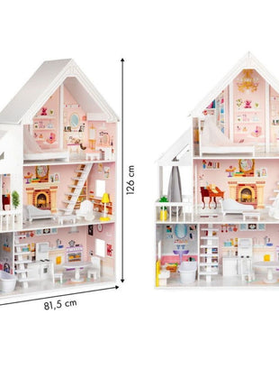 Liselle houten poppenhuis van Gerardo’s Toys met afmetingen en interieurdetails zichtbaar.