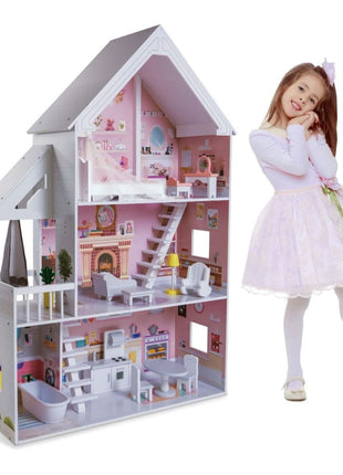 Liselle houten poppenhuis van Gerardo’s Toys naast kind in lichtroze jurk op witte achtergrond.