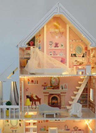 Liselle houten poppenhuis van Gerardo’s Toys als productfoto met LED-verlichting.