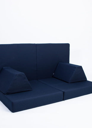 Monboxy Marineblauw Activiteitenspeelbank in bankopstelling met hoge rugleuning in studio.