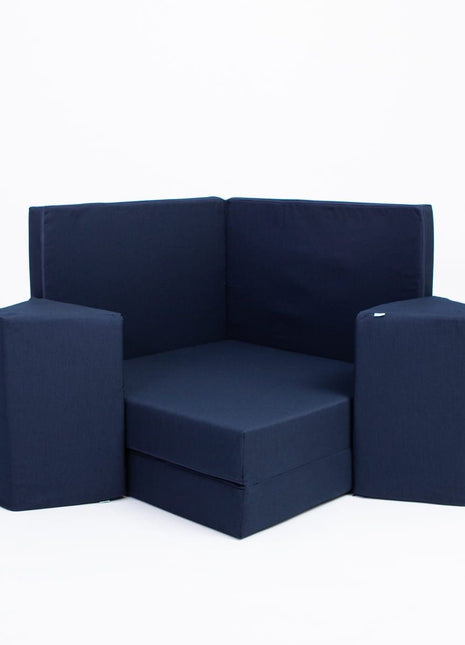 Marineblauwe Monboxy Montessori fauteuil voor ergonomisch kindcomfort.