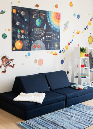 Marineblauwe Monboxy Montessori bank in kinderkamer met ruimteposters.