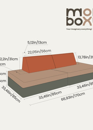 Afbeelding met afmetingen en logo van de Monboxy Montessori speelbank  – handig voor productinformatie en aankoopbeslissingen.