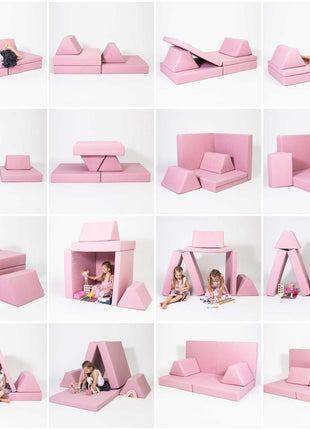 Collage met meerdere speelmogelijkheden van de roze Monboxy speelbank, inclusief kinderen in actie.