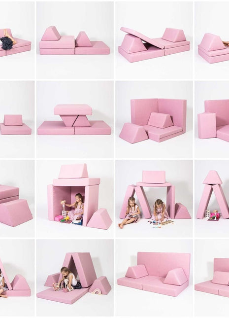 Collage met meerdere speelmogelijkheden van de roze Monboxy speelbank, inclusief kinderen in actie.