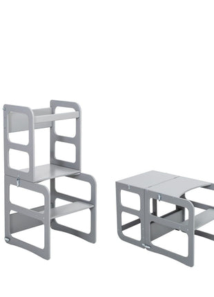Montessori 2-in-1 Keukentoren in grijs in toren- en tafelstand naast elkaar.