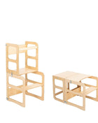 Montessori 2-in-1 Keukentoren in naturel in toren- en tafelstand naast elkaar.