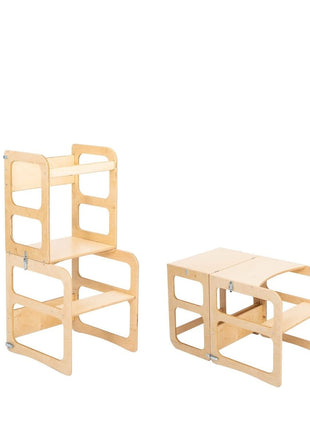 Montessori 2-in-1 Keukentoren in naturel in toren- en tafelstand naast elkaar.