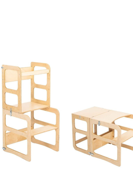 Montessori 2-in-1 Keukentoren in naturel in toren- en tafelstand naast elkaar.