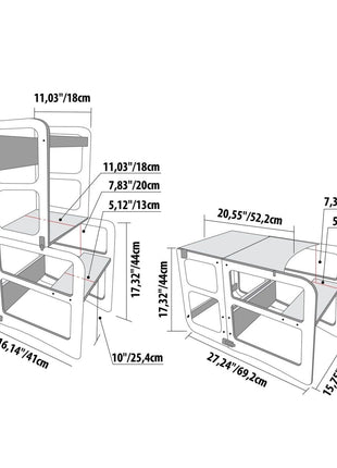 Technische illustratie van Montessori 2-in-1 Keukentoren met afmetingen in cm en inch.