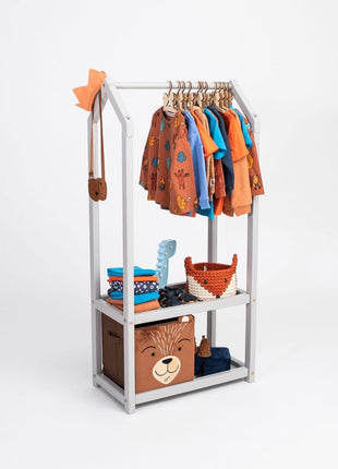 Montessori Huisvormig Kledingrek in grijze variant met oranje en blauwe kinderkleding.