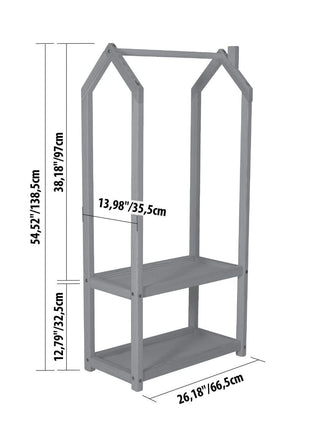 Technische tekening van Montessori Huisvormig Kledingrek met afmetingen in cm en inches.