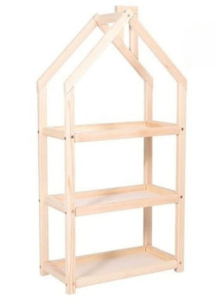 Montessori Huisvormige Plankenkast in berkenhout ongekleurd op witte achtergrond.