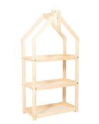 Montessori Huisvormige Plankenkast in grenenhout ongekleurd op witte achtergrond.