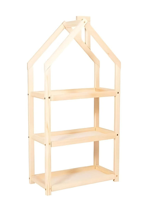 Montessori Huisvormige Plankenkast in grenenhout ongekleurd op witte achtergrond.