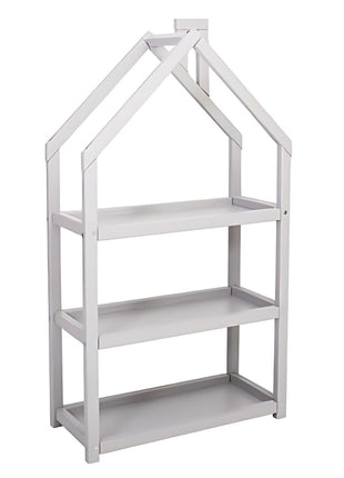 Montessori Huisvormige Plankenkast in grijs geverfd hout op witte achtergrond.