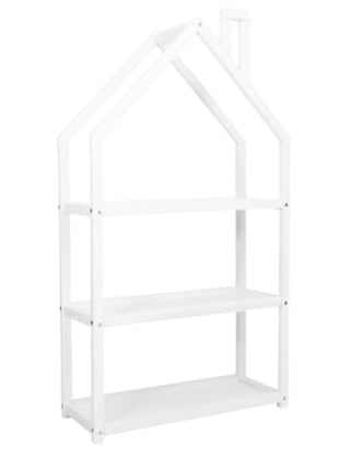 Montessori Huisvormige Plankenkast in wit geverfd hout op witte achtergrond.