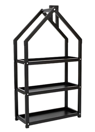 Montessori Huisvormige Plankenkast in zwart geverfd hout op witte achtergrond.