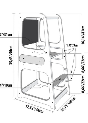 Montessori Keukenhulp met Schoolbord met afmetingen en verstelbare hoogtes grafisch weergegeven.