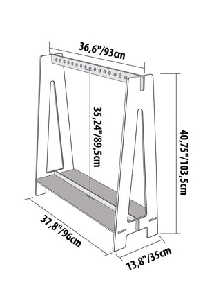 Afmetingen van het Montessori Kledingrek met 17 openingen weergegeven in een lijntekening.