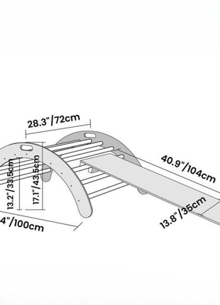 Technische tekening van de Montessori Klimboog met Helling met afmetingen in centimeters.