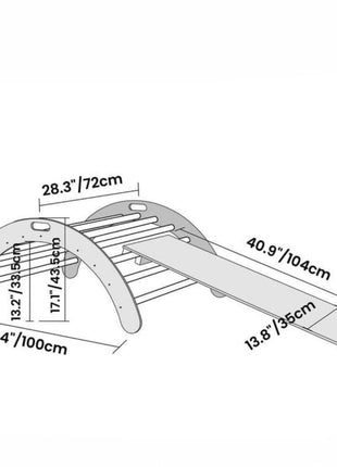 Technische tekening van de Montessori Klimboog met Helling met afmetingen in centimeters.
