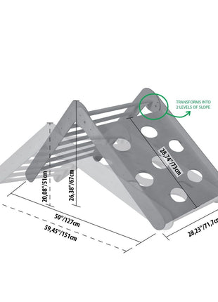 Afmetingen van houten klimdriehoek met klimgaten – duidelijk weergegeven in centimeters en inches.