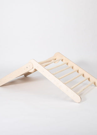 Laag opgestelde klimdriehoek met sporten – geschikt voor jonge klimmers en veilige oefenomgeving.