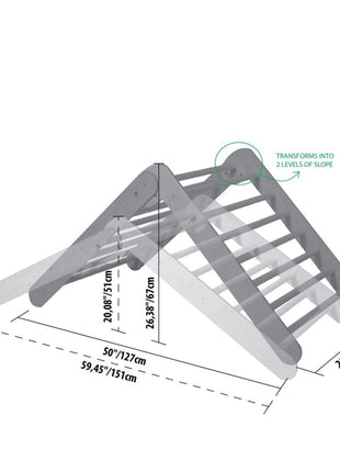 Technische tekening van Montessori Klimrek met afmetingen en verstelopties.