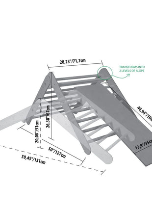 Technische afbeelding van Montessori Klimrek met Helling in twee hoogtestanden.