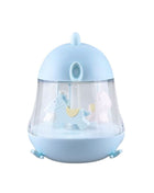Montessori nachtlampje blauw met draaiende paarden, close-up productfoto op witte achtergrond.