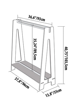 Technische tekening van Montessori Peuterkledingrek met afmetingen in cm en inches.