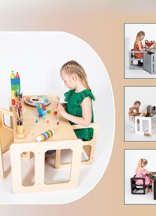 Overzicht van Multifunctionele Montessori Speeltafel met Twee Stoelen in vier kleuren.