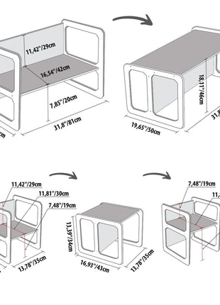 Technische illustratie van Multifunctionele Montessori Speeltafel met Twee Stoelen en afmetingen.
