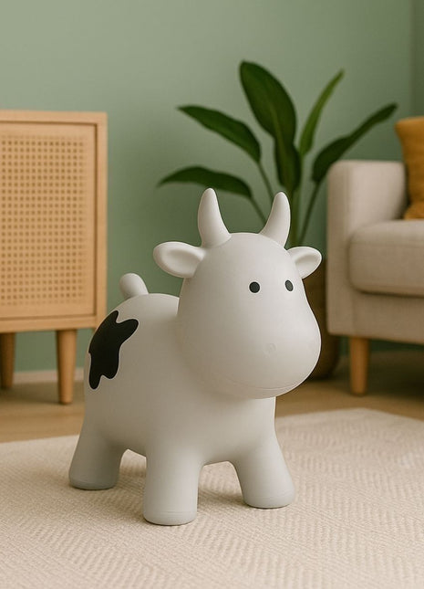 Grijze My First Jumpy springkoe met zwarte vlekken op vloerkleed voor groene muur.