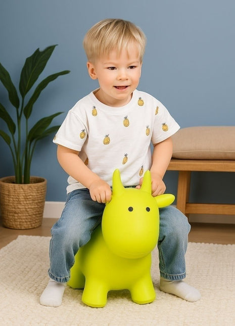 Jongen zit op groene My First Jumpy springkoe op zacht vloerkleed.