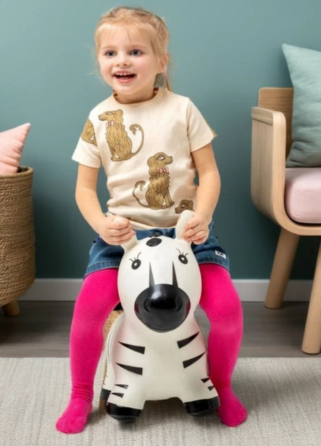 Meisje zit op My First Jumpy Zebra met stoel en mand zichtbaar op de achtergrond