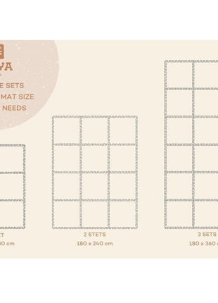 Grafische weergave van OLYA KIDS Boho Zand speelmat met drie maatopties en afmetingen.