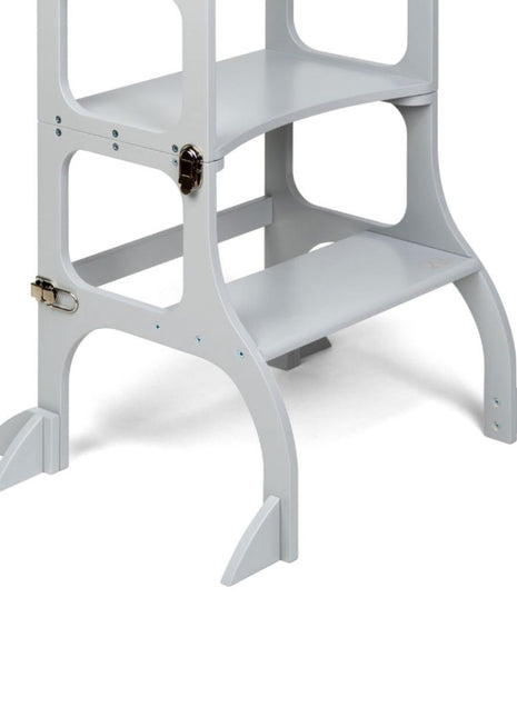 Detail van onderstel en steunpoten van de STEP'n'SIT® 2-in-1 keukentoren grijs