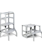 STEP'n'SIT® 2-in-1 keukentoren grijs getoond in torenstand en omgeklapte tafelstand