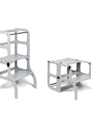 STEP'n'SIT® 2-in-1 keukentoren grijs getoond in torenstand en omgeklapte tafelstand