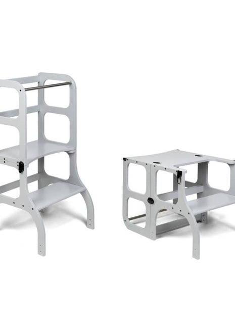 STEP'n'SIT® 2-in-1 keukentoren grijs getoond in torenstand en omgeklapte tafelstand