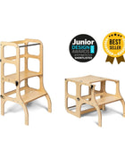 STEP'n'SIT® 2-in-1 keukentoren naturel getoond in torenstand en tafelstand met design awards badge