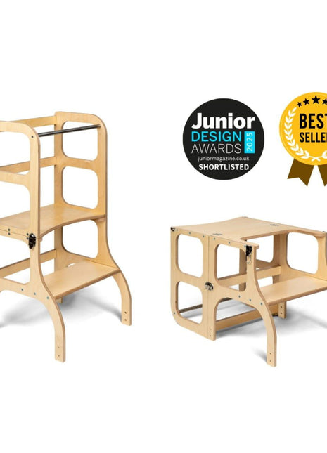 STEP'n'SIT® 2-in-1 keukentoren naturel getoond in torenstand en tafelstand met design awards badge