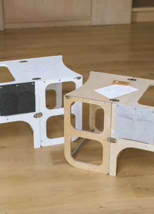 STEP’n’SIT keukentoren met pennenhouder accessoire in wit en hout, overzicht van beide varianten