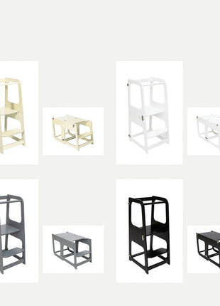 Overzicht van Transformeerbare Keukentoren in vier kleuren: naturel, wit, grijs en zwart.